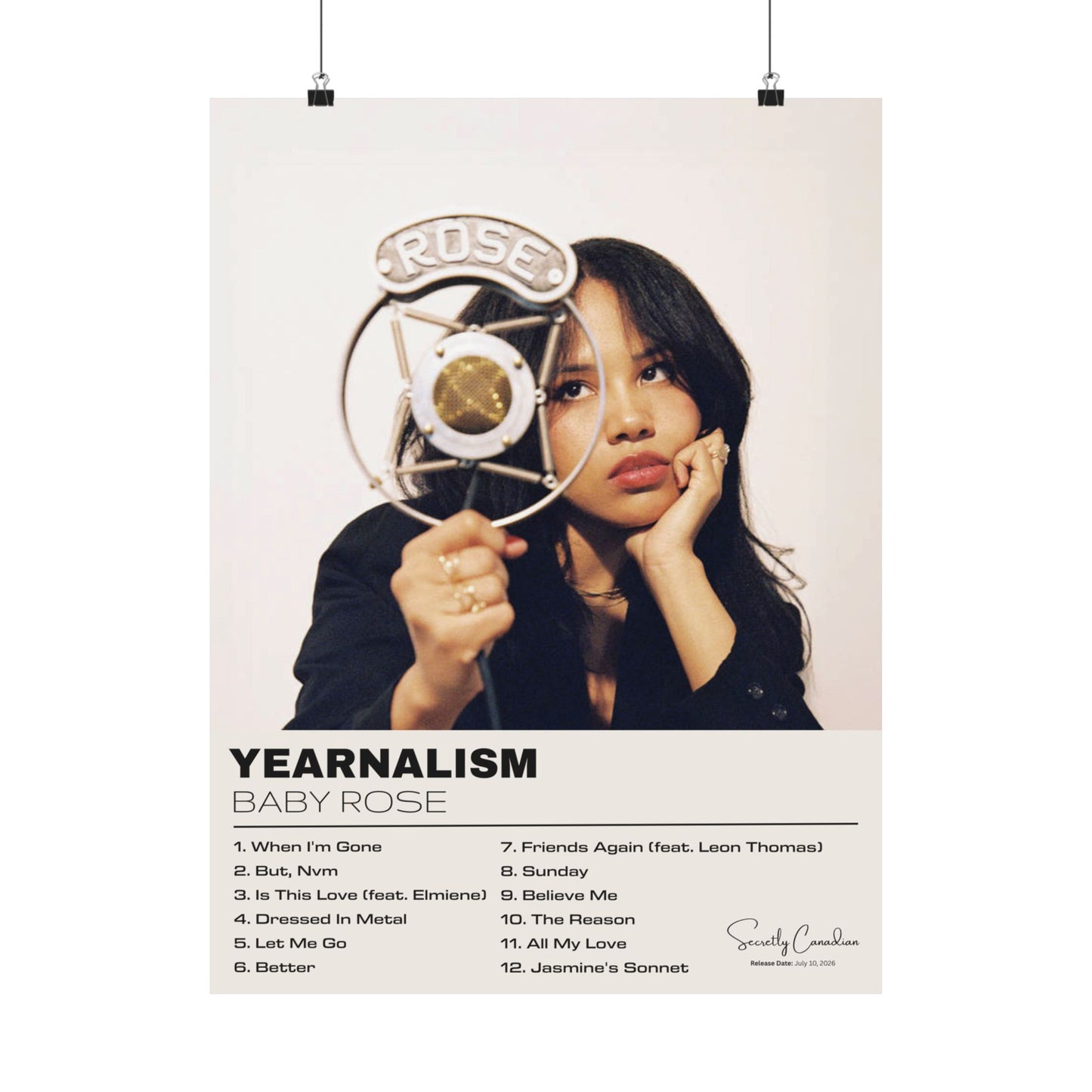 Baby Rose “Yearnalism” Album Poster | Minimalist Music Wall Art & Tracklist Print
